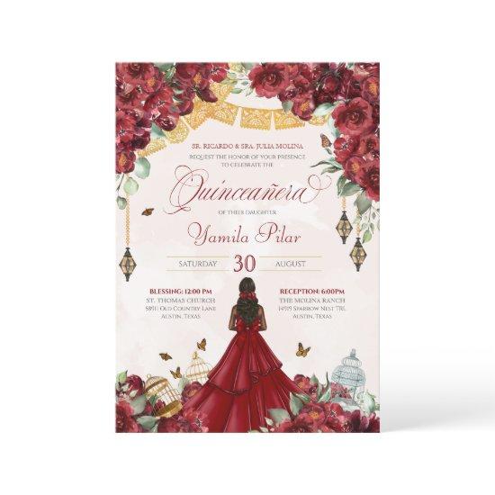 Maroon Red Floral Butterfly Elegant Quinceanera v5