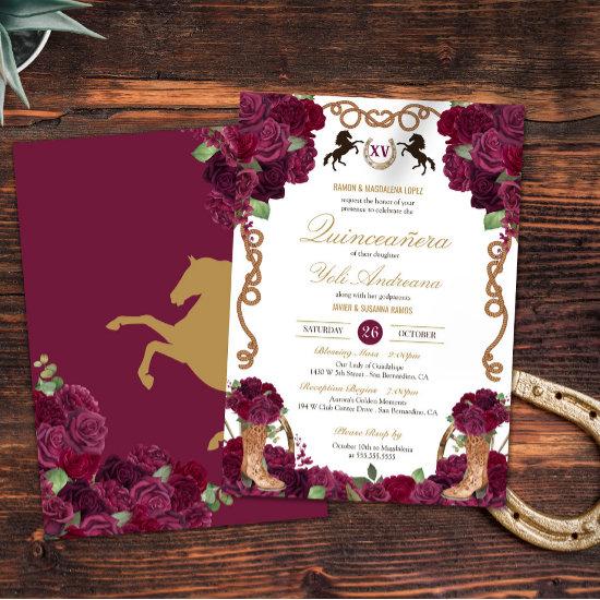 Maroon Red Rose Floral Western Charra Quinceanera