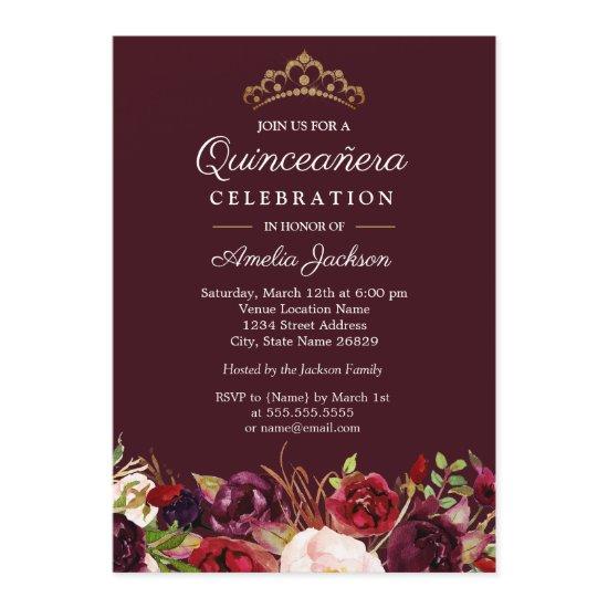 Marsala Red Burgundy Floral Quinceanera
