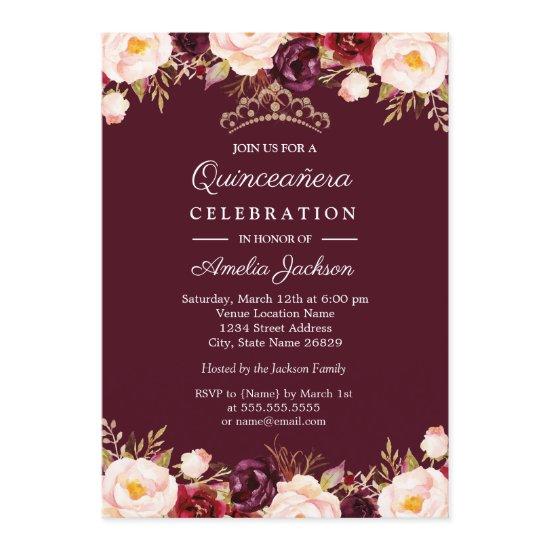 Marsala Red Burgundy Watercolor Floral Quinceanera
