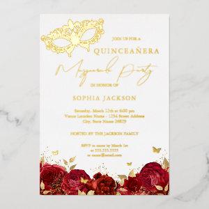 Mask Masquerade Party Red Gold Rose Quinceanera Foil