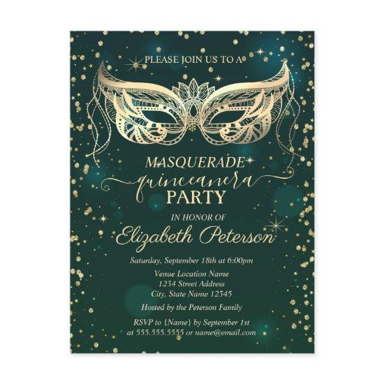 Masque Gold Diamonds Green Quinceañera   Postcard