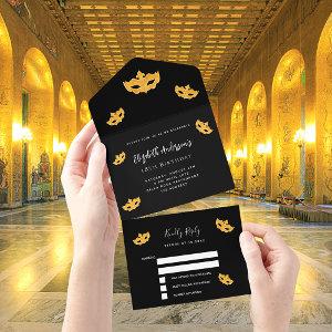 Masquerade birthday black gold mask RSVP All In One