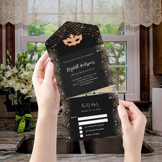 Masquerade birthday black gold mask RSVP All In One
