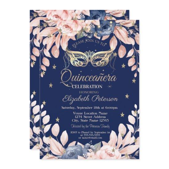 Masquerade,Blue Flowers,Gold Stars Quinceañera
