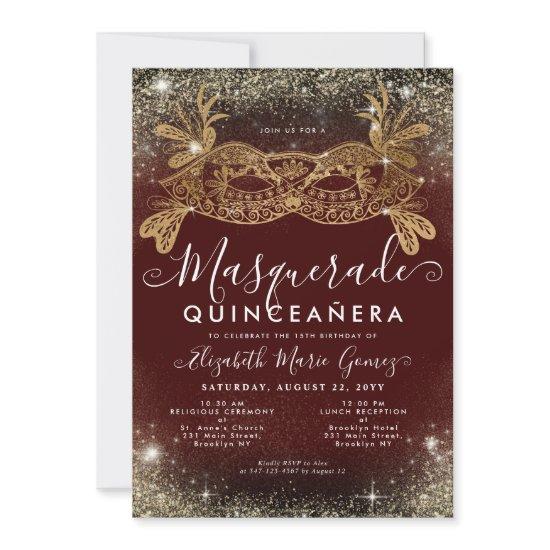 Masquerade Burgundy Red Gold Glitter Quinceanera