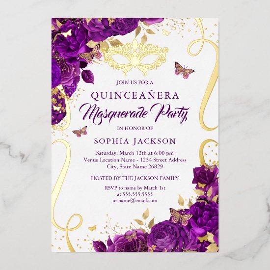 Masquerade Butterfly Gold Purple Quinceanera Foil