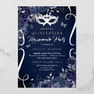 Masquerade Butterfly Navy Silver Quinceanera Foil