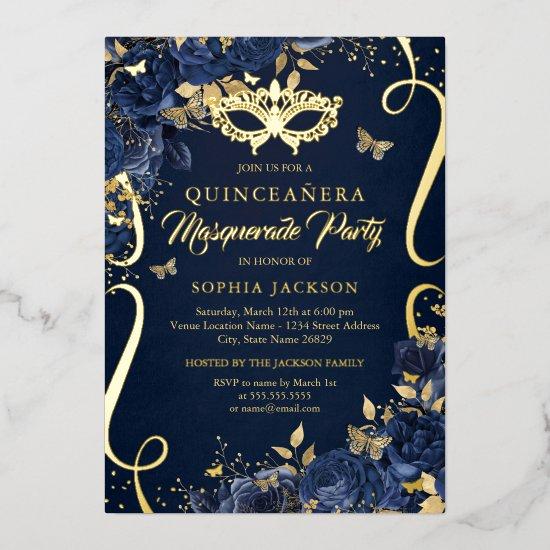 Masquerade Butterfly Royal Navy Quinceanera Foil