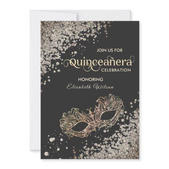 Masquerade diamond luxury Quinceañera grey Invita