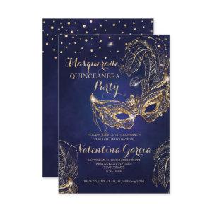 Masquerade glitter quinceanera mask invite navy