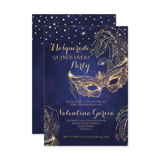 Masquerade glitter quinceanera mask invite navy