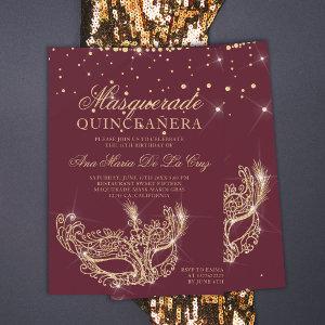 Masquerade gold glitter red burgundy quinceanera