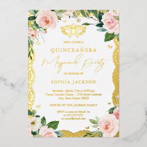 Masquerade Gold Lace Blush Floral Quinceanera  Foil