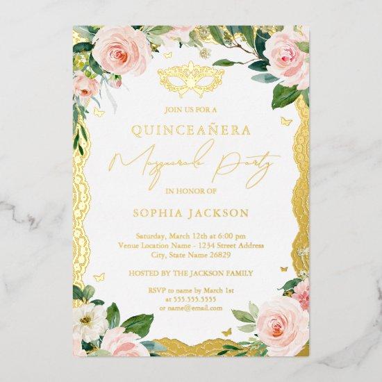 Masquerade Gold Lace Blush Floral Quinceanera  Foil