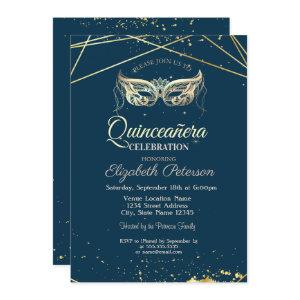 Masquerade,Gold, Navy Blue Quinceañera