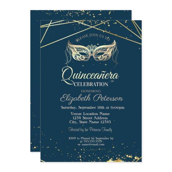 Masquerade,Gold, Navy Blue Quinceañera