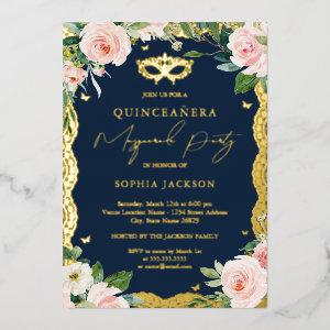 Masquerade Lace Blush Floral Navy Quinceanera  Foil