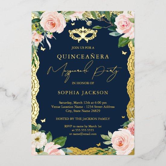 Masquerade Lace Blush Floral Navy Quinceanera  Foil