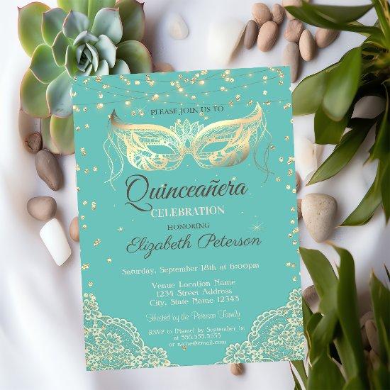 Masquerade, Lace, Diamonds Mint Green Quinceañera