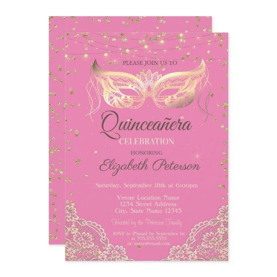 Masquerade, Lace, Diamonds Pink Quinceañera