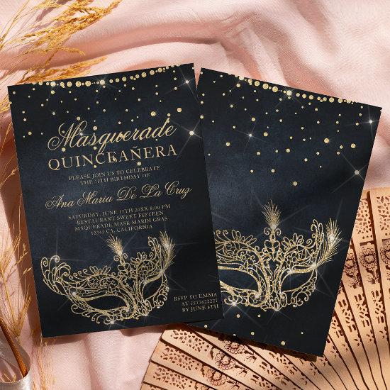 Masquerade mask black gold glitter quinceanera