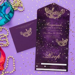 Masquerade mask chic gold glitter quinceanera plum all in one