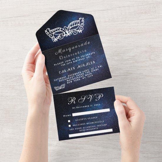 Masquerade Mask Galaxy Blue Stars Quinceanera  All In One