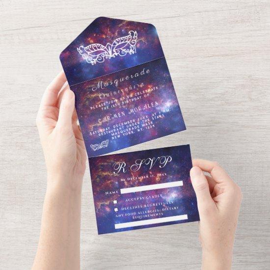 Masquerade Mask Galaxy Blue Stars Quinceanera  All In One