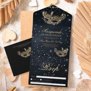 Masquerade mask gold glitter quinceanera black all in one