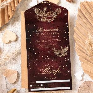 Masquerade mask gold glitter quinceanera burgundy all in one