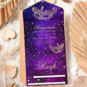 Masquerade mask gold glitter quinceanera purple all in one