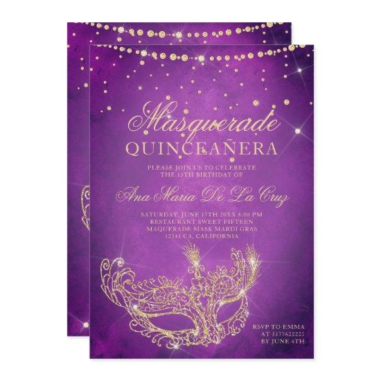 Masquerade mask lilac gold glitter quinceanera