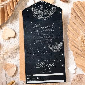 Masquerade mask silver glitter quinceanera black all in one