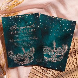 Masquerade mask teal rose gold glitter quinceanera