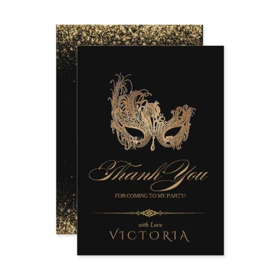 Masquerade Party Chic Gold Flat Thank You Card