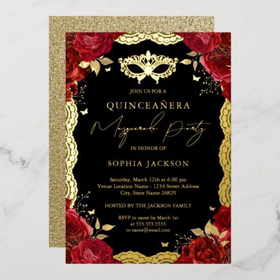 Masquerade Party Gold Red Rose Lace Quinceanera  Foil