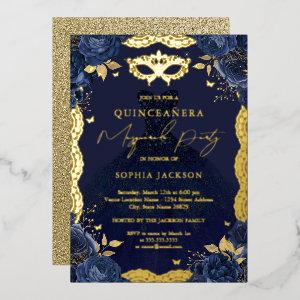 Masquerade Party Navy Floral Dress Quinceanera Foil