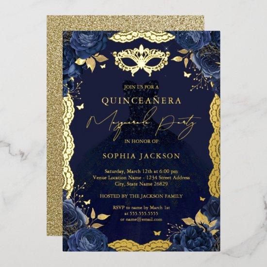 Masquerade Party Navy Floral Dress Quinceanera Foil
