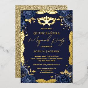 Masquerade Party Navy Floral Lace Quinceanera Foil