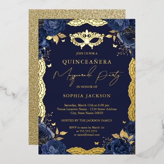 Masquerade Party Navy Floral Lace Quinceanera Foil