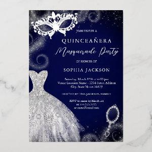 Masquerade Party Navy Silver Dress Quinceanera  Foil