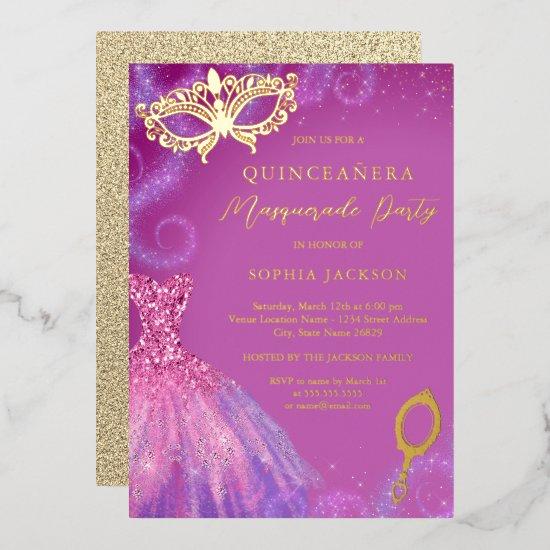 Masquerade Party Pink Purple Dress Quinceanera  Foil