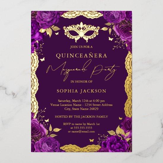 Masquerade Party Purple Floral Lace Quinceanera  Foil