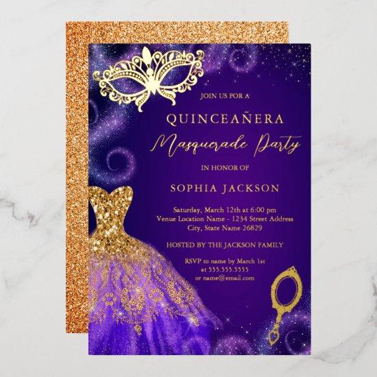 Masquerade Party Purple Gold Dress Quinceanera   Foil
