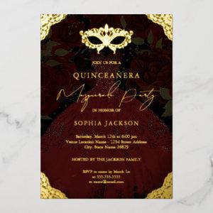 Masquerade Party Red Gold Mask Dress Quinceanera Foil