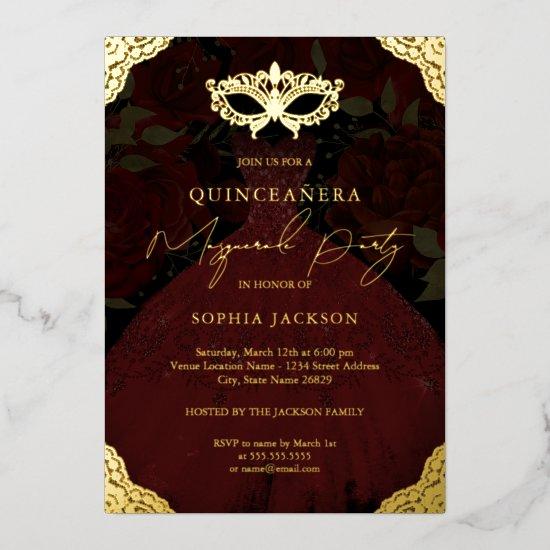 Masquerade Party Red Gold Mask Dress Quinceanera Foil