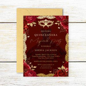 Masquerade Party Red Gold Rose Dress Quinceanera Foil