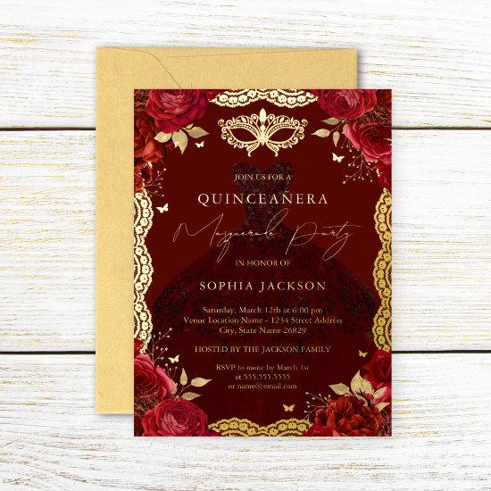 Masquerade Party Red Gold Rose Dress Quinceanera Foil