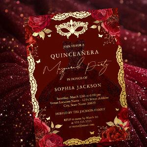 Masquerade Party Red Gold Rose Gown Quinceanera Foil